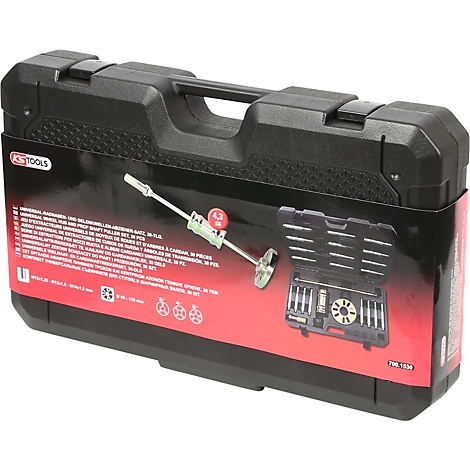 Schwarzer Werkzeugkasten mit Werkzeugen, auf rotem Hintergrund mit weißer Schrift. Geöffneter Kasten mit Werkzeugen im Detail.